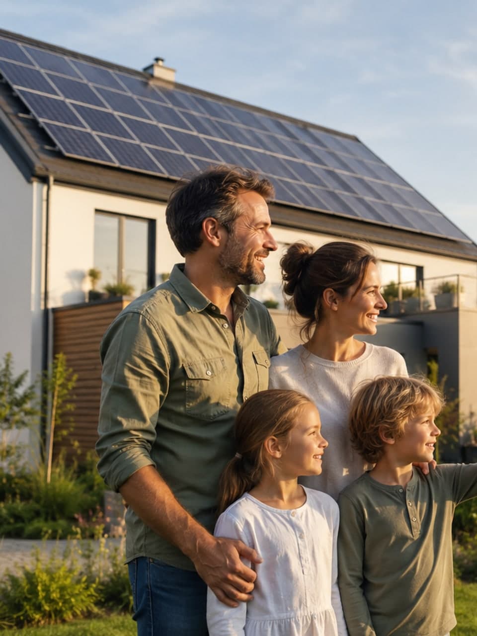 Familie vor ihrem Haus mit Photovoltaik-Anlage